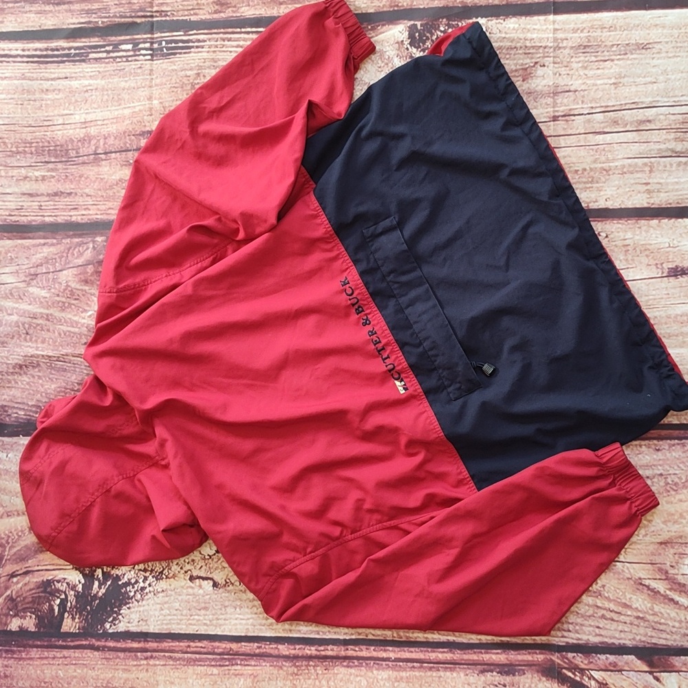 Vtg Cutter & Buck Mens Half Zip Navy And Red Hooded Pullover